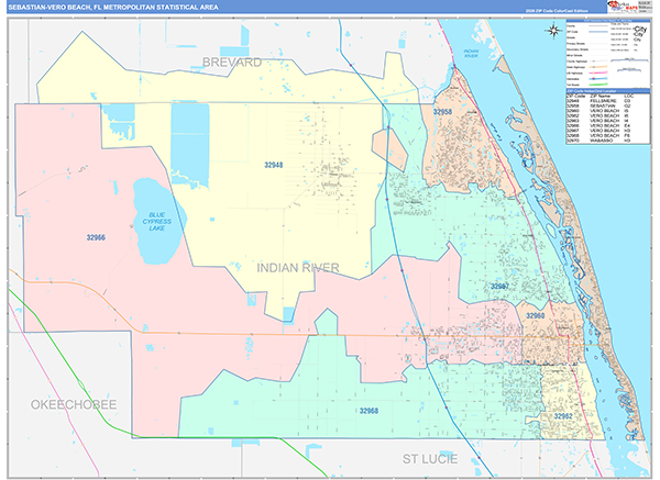 Sebastian-Vero Beach Metro Area Wall Map Color Cast Style